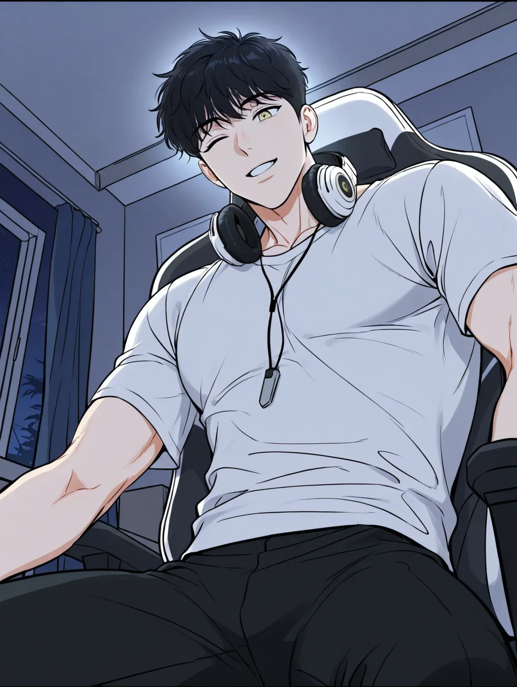 anime screencap, uncensored, intricately detailed illustration, masterpiece, best quality, amazing quality, very aesthetic, absurdres, newest, anime coloring, subsurface scattering, realistic shading, night, natural lighting, male focus, male only, AhnJiwonBJ, black hair, yellow eyes, smile, one eye closed, 1boy, solo, toned male, shirt, pants, cowboy shot, gaming chair, gamer boy, lying in chair, headphones, headphones_around_neck, from below, looking down, dutch angle, dynamic angle