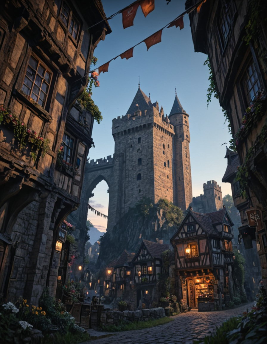 <lora:Medieval_Worlds_outsidexl:1> mw01out, medieval, sun shades, very detailed, very narrow street, ground view, signs, shop, illuminated, city lights, houses, vegetation, sunset, under tree, high castle in the background, low angle, castle bridge, person, high tower, high tower in the background, high castle, tower, flowers, roots, grass,