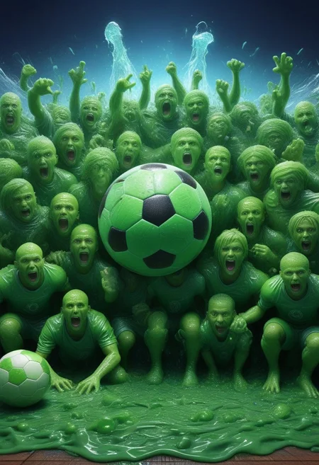 Group photo, football game, group sport, slimy, extremely detailed, hyperrealistic, detailed background, slime-morph