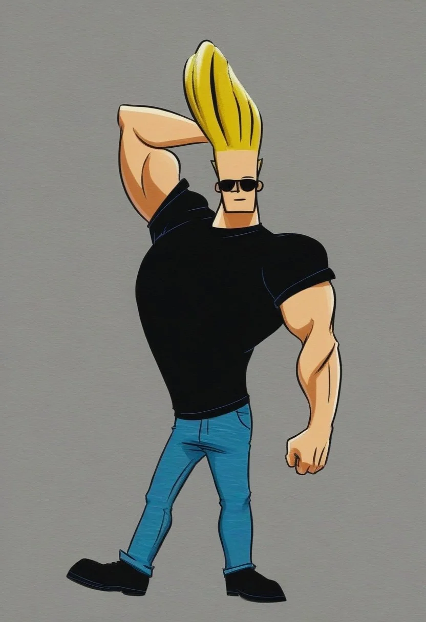 Johnny_Bravo, 1boy, mega-pompadour, blonde hair, muscular male, sunglasses, T-shirt, black shirt, jeans