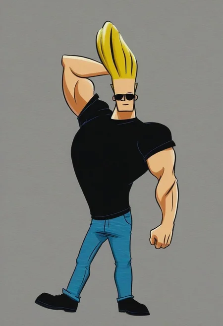 Johnny_Bravo, 1boy, mega-pompadour, blonde hair, muscular male, sunglasses, T-shirt, black shirt, jeans