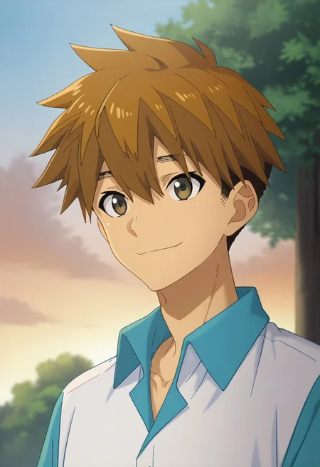 score_9, score_7_up, source_anime,
yokoya, 1boy, male focus, solo, brown eyes, brown hair, hair between eyes, short hair, multicolored clothes, shirt, collared shirt, blue shirt, white shirt, short sleeves, smile,
outdoor, sky, tree, cloud,