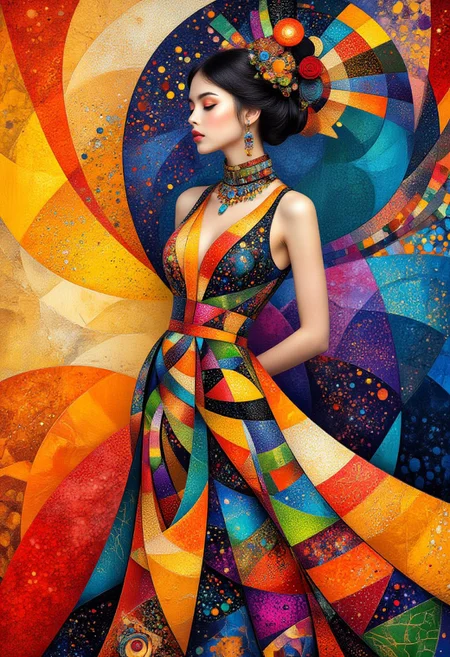 Midjourney_Whisper, composition art, colorful and minimalistic style, clean lines, smooth curves, and sleek contours, with bold outlines, crisp shapes, and sharp edges, portrait of an oriental woman in haute-couture elegant dress