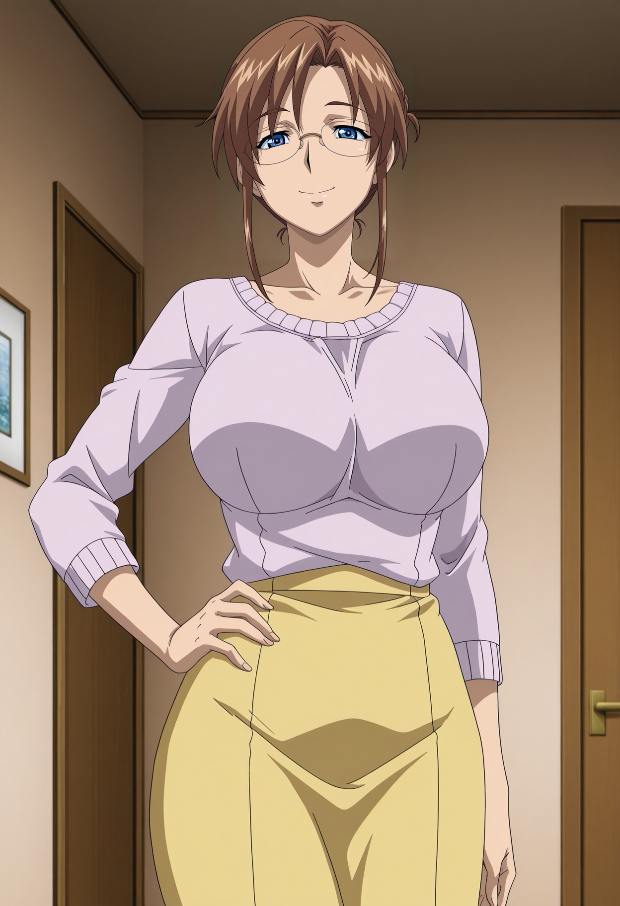 1girl,solo,misako,mature female,glasses,brown hair,blue eyes,large breasts,anime coloring,
shirt,skirt,cowboy shot, hand on own hip, looking at viewer, smile,indoors
,masterpiece,best quality,amazing quality,<lora:Misako_Takakura-Ayatsuri_Haramase_DreamNote_ix:0.8>