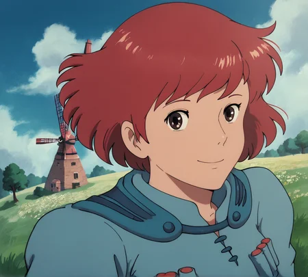 Nausicaa, red hair, zPDXL, best quality, amazing quality, score 9, 1girl, smile, windmill, looking at viewer, <lora:Nausicaa_r2:0.8>