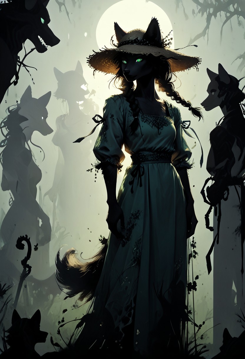 score_9,score_8_up,score_7_up,score_6_up,score_5_up,score_4_up, (((green))), backlight colors, (silhouette:2), backlighting, glowing green eyes, high contrast, vivid lighting, (((wolf))), twin braids, (solo), (solo:2), female furry, anthro, swamp, dress, straw hat, (holding spear:1.2), monochromemuse, monochrome, greyscale, rinotuna, dark aura, fluffy wolf tail, fluffy fur