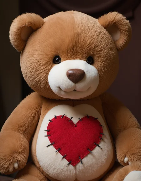 A portrait of a teddy bear with stitched on red heart shaped patchwork_skin on it's chest. Black stitches., best quality, 4k, 8k, high resolution, cinematic, vibrant, intricate, Hyperrealistic, high detail, <lora:XLabs Flux Realism LoRA\flux_realism_lora.safetensors:0.8>, <lora:FLUX_Patchwork_Skin_Merge2_Shurik:1>