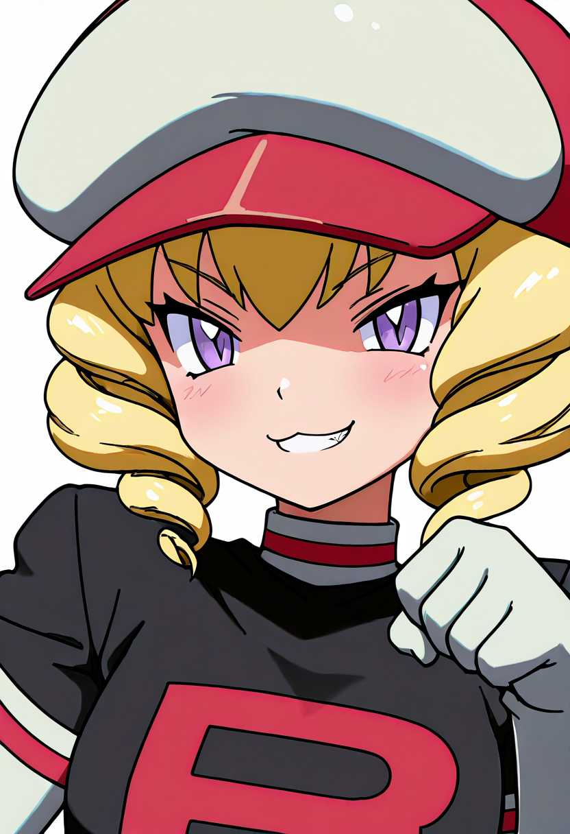 masterpiece, best quality, 1girl, solo, looking at viewer, smile,   zzDomino, purple eyes, blonde hair, drill hair, short hair,   hat, team rocket uniform, upper body, (tsurime, smug), :3,  grin,  paw pose,    <lora:DominoPokemon_IXL_v2:1.0>,