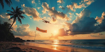Fiery dawn awakening: A Canon EOS 5D captures the majesty of scattered small clouds kissed by direct sunlight, against a brilliant blue sky with a lush tropical beach distantly in the background. A small plane flied across the sky with a banner behind it. On the banner is clearly written: "Need BUZZ". The camera, positioned at ground level, takes in the vast expanse below, as Fujicolor Pro film renders a photorealistic landscape with natural contrast and subtle vignette. Inspired by Miko Lagerstedt's dramatic skies and Liam Wong's hyper-realism, this original shot is a masterclass in composition, featuring intricate cloud formations and breathtaking color palette, analoguehanx83,Grunge Art.