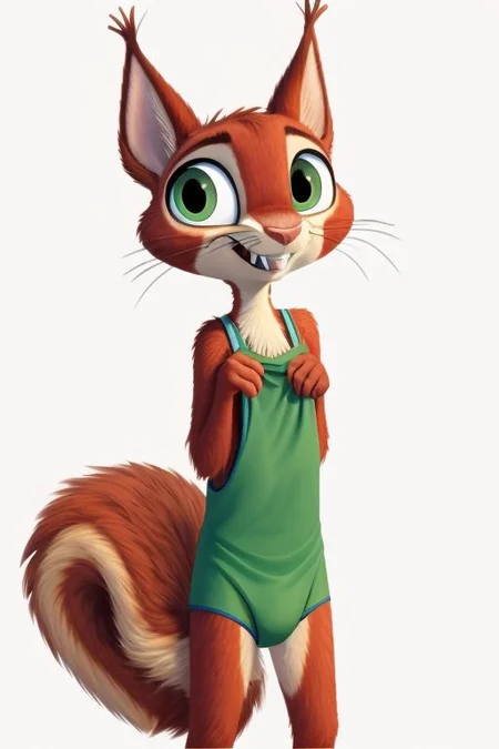 male, aged down, Chip_Squirrel, Superpets, sciurid, red fur, solo, freckles, green eyes, buckteeth, crooked whiskers, (fluffy tail:1.1), blushing, masterpiece, extreme detail, shy, nervous smile, skinny, shortstack, loose singlet, (oversized singlet:1.1), off shoulder, underwear pull, (bulge:0.3), flat chest, simple background,  cute, adorable, age regression, oversized clothes, baggy clothing, green clothing