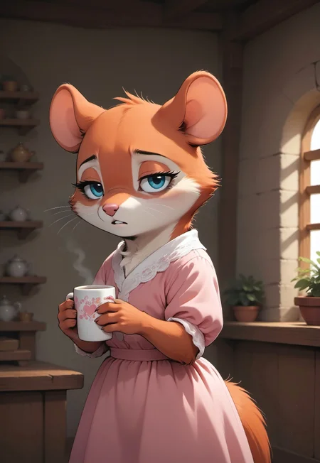 score_9, score_8_up, score_7_up, score_6_up, score_5_up, score_4_up, (tired squirrel holding a cup of coffee), (((squirrel))), (red fur, blue eyes), (pink dressing gown), (fluffy tail:1.5), (cute:1.5), (feral:1.5), balcony, cottage, (bent back), (tired expression:2.2), sleepy, holding mug, (side view, upper body shot), looking at viewer, (open mouth:0.9), (tail:2),