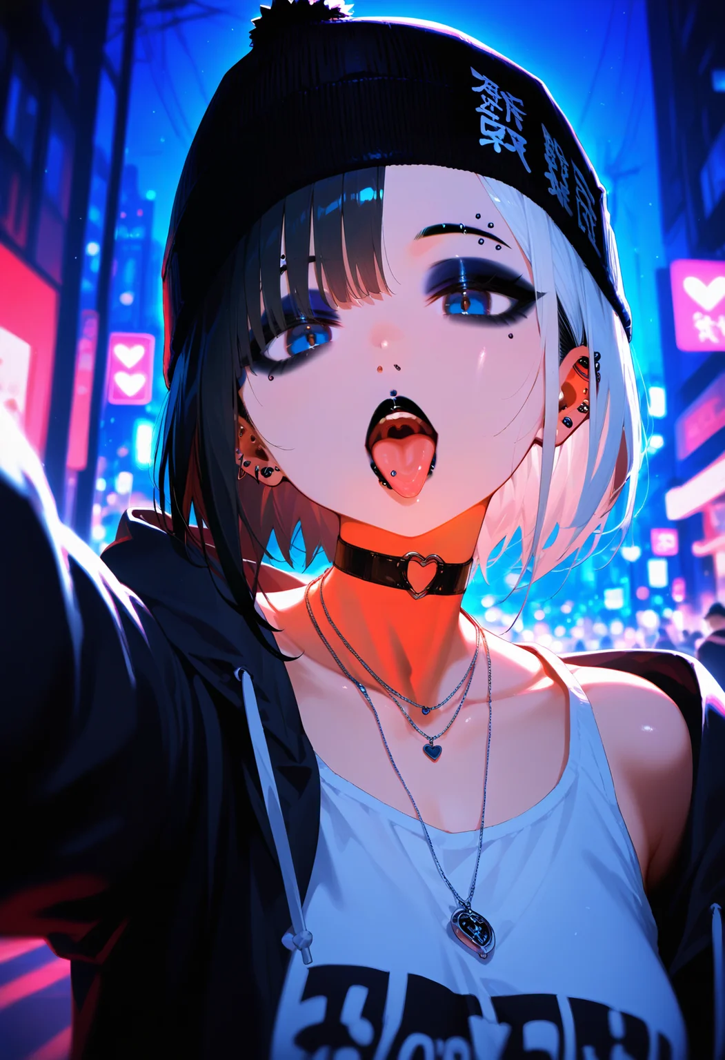 <lora:EtherPDXLStyleXL:1>, best quality, masterpiece, EtherPDXLStyle, eyebrow piercing, 1girl, tongue out, beanie, jewelry, hat, o-ring choker, open mouth, makeup, tongue piercing, eyeshadow, necklace, white tank top, black hair, looking at viewer, short hair, mole under eye, earrings, black jacket, hood, multicolored hair, upper teeth only, solo focus, black choker, black headwear, blue eyes, upper body, heart choker, hoodie, outdoors, open clothes, night, selfie, ear piercing, city, heart o-ring, breasts, open jacket, lip piercing, eyeliner, white hair, pendant, blurry, clothes writing
