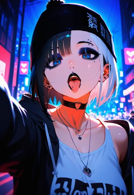 <lora:EtherPDXLStyleXL:1>, best quality, masterpiece, EtherPDXLStyle, eyebrow piercing, 1girl, tongue out, beanie, jewelry, hat, o-ring choker, open mouth, makeup, tongue piercing, eyeshadow, necklace, white tank top, black hair, looking at viewer, short hair, mole under eye, earrings, black jacket, hood, multicolored hair, upper teeth only, solo focus, black choker, black headwear, blue eyes, upper body, heart choker, hoodie, outdoors, open clothes, night, selfie, ear piercing, city, heart o-ring, breasts, open jacket, lip piercing, eyeliner, white hair, pendant, blurry, clothes writing