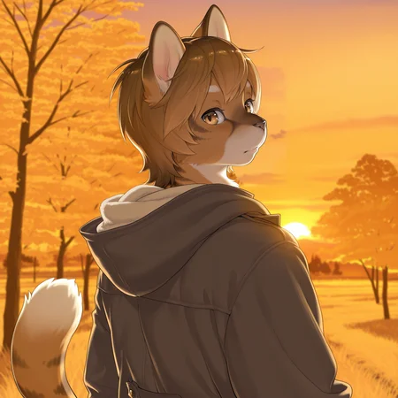 masterpiece, best quality, amazing quality, very aesthetic, high resolution, ultra-detailed, absurdres, newest, scenery, depth of field, scenery, volumetric lighting, by kikurage, domestic cat, felid, feline, felis, furry, furry male, anthro, 1boy, furry, male focus, solo, brown hair, animal ears, brown eyes, looking at viewer, hood, sky, outdoors, sunset, tree, animal nose, hood down, thick eyebrows, snout, upper body, short hair, body fur, coat, looking back, blurry, closed mouth, bangs, brown fur, tail