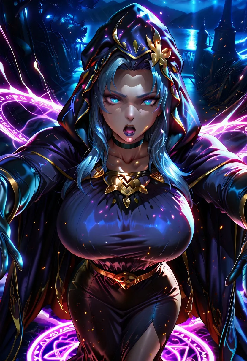 1girl, Smooth Quality,3DMM, mature, curvy, beautiful eyes, 1girl, solo, huge breasts, serious, open mouth, medea (fate), blue hair, purple lips, long hair, blue eyes, black choker, hooded cloak, hood up, purple cape, black cloak, collarbone, purple dress, pencil skirt, long sleeves, black gloves, long dress, spread arms, open hand, flying, falling, (magic circle:1.2), laser, purple aura, dark, night, sky, outside, looking at viewer, shiny skin, <lora:medea illustxl:1>, dynamic angle, <lora:SmoothStyle_Omega:1>masterpiece, best quality, amazing quality, intricate detail, highly detailed, absurdres,Smooth Quality,SmoothQualityPony, SmoothNegativePony
