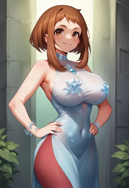 score_9, score_8_up, score_7_up, source_anime, 1girl,(ochako uraraka),brown eyes, smug, ice dress, disgner clothes, jewelry, bracelet, brown hair, huge breasts, long hair, bob cut, cowboy shot, standing, ponytail, hands on hips