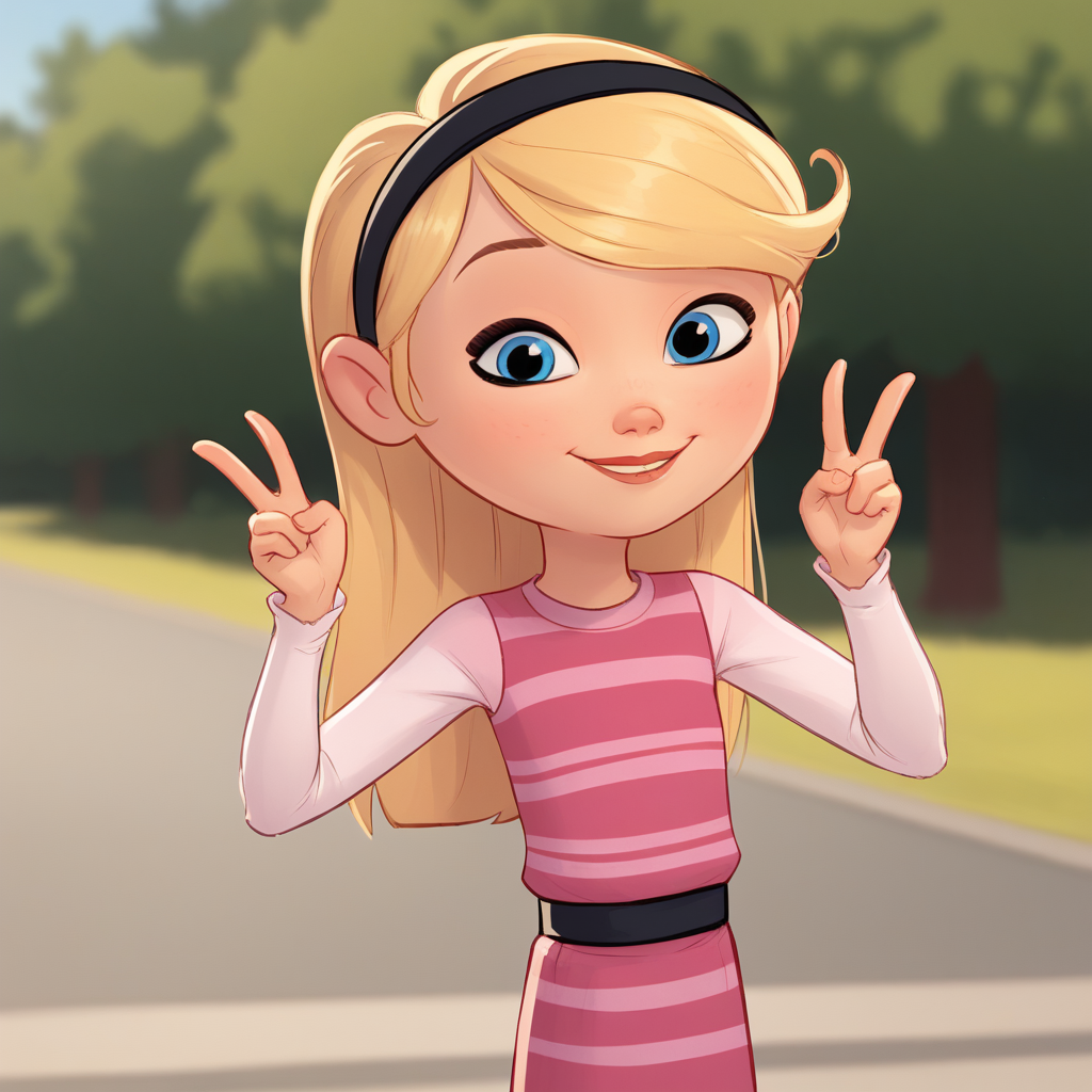 score_9_up, score_8_up, BREAK, PennyPeterson, 1girl, solo, blonde hair, blue eyes, hairband, pink dress, striped dress, white sleeves, long sleeves, cowboy shot, double v, <lora:Penny_Peterson_PXL_Leaf2:1>, outdoors, depth of field,