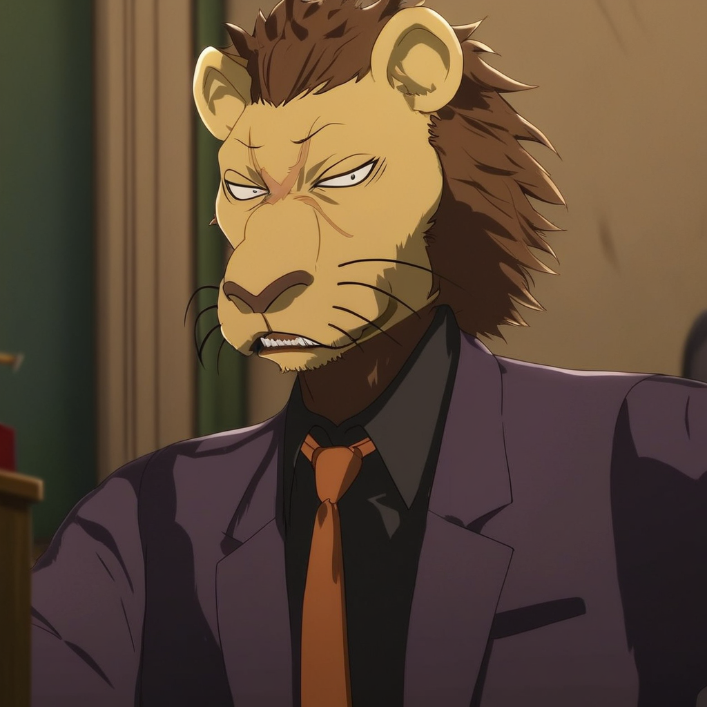 score_9_up, score_8_up, score_7_up, high quality, detailed, source_cartoon, male, solo male, 1boy, mature male, anthro, lion, x scar on face, scar, tan yellow fur, light brown mane, brown hair, short spiky mane, black eyes, sharp teeth, animal ears, beastars, athletic build, dark purple suit, black collared shirt, orange tie, black dress shoes, looking at viewer, scowl, indoors, office, half-body, bust shot