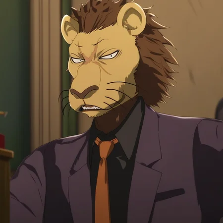score_9_up, score_8_up, score_7_up, high quality, detailed, source_cartoon, male, solo male, 1boy, mature male, anthro, lion, x scar on face, scar, tan yellow fur, light brown mane, brown hair, short spiky mane, black eyes, sharp teeth, animal ears, beastars, athletic build, dark purple suit, black collared shirt, orange tie, black dress shoes, looking at viewer, scowl, indoors, office, half-body, bust shot