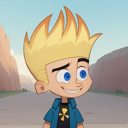 score_8_up, BREAK, JohnnyTest, solo, 1boy, blonde hair, spiked hair, blue eyes, black shirt, open blue clothes, brown pants, <lora:JohnnyTest_PXL_Leaf2:1>, smile, cowboy shot, outdoors,