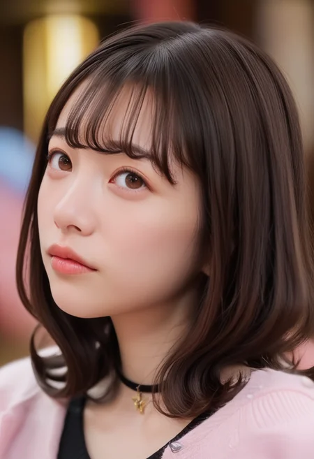 score_9,score_8_up,score_7_up,score_6_up,quality_masterpiece,quality_best,highres,solo,
full body,(fair skin:1.1),looking at viewer,((cute face)),bangs,lips,black hair,brown hair,medium hair,brown eyes,Meticulous Eyelash Details,<lora:imamori_v1_one_NovaA50pony_3120-9-0:0.8>,imamori,<lora:quality_modifiers_masterpieces_v1:0.5>,masterpiece,best quality,very aesthetic,<lora:cfg_scale_boost:0.3>,foreshortening,blurry background,face focus,(black knit cardigan),(black dress),long hair,bangs,brown hair,jewelry,parted lips,necklace,(looking up to viewer:1.3),closed mouth,choker,blurry,(head tilt:1.5),portrait,profile,realistic,pale pink cardigan,naughty face,from side,