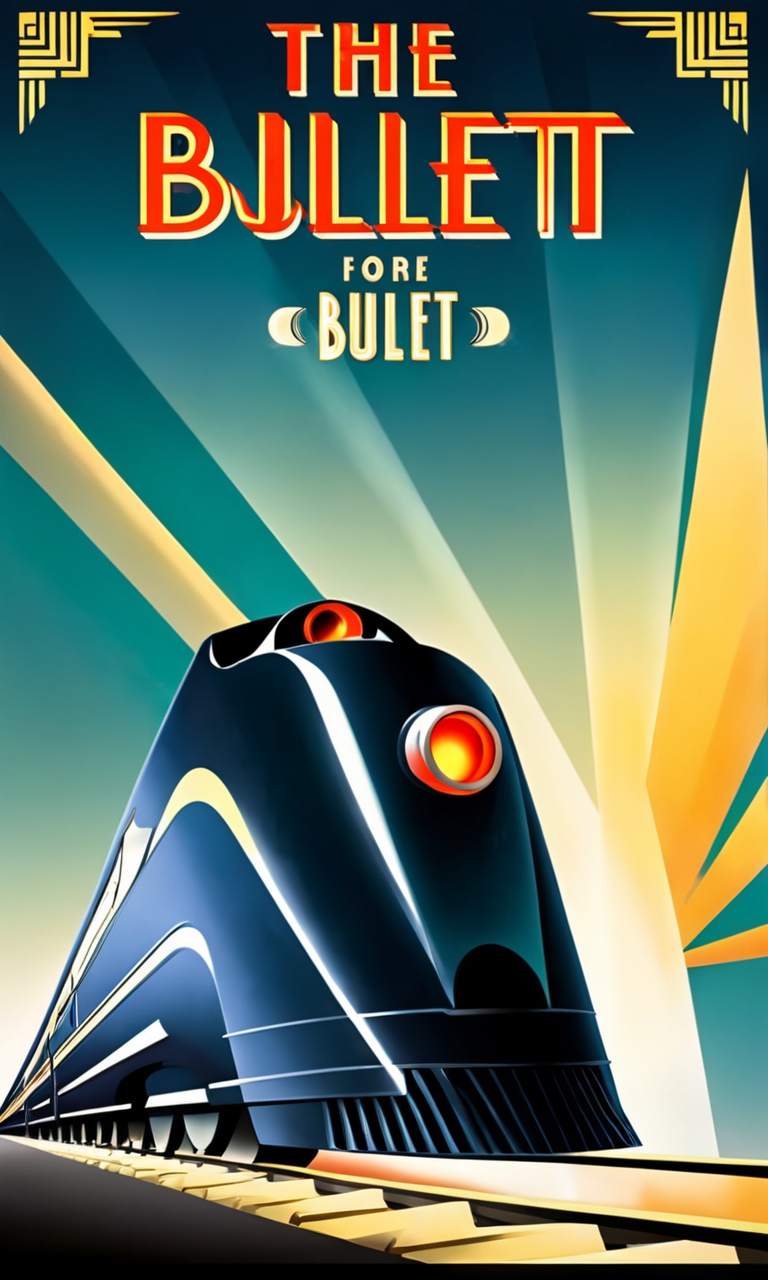 advertisement for bullet train, Text:"The Bullet ", <lora:artdecopostsdxl:0.8>, art deco style poster, 1940s, vibrant color
