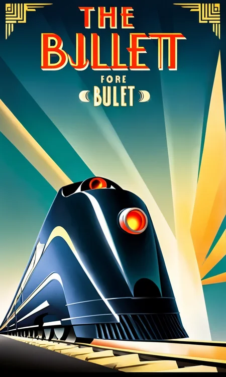 advertisement for bullet train, Text:"The Bullet ", <lora:artdecopostsdxl:0.8>, art deco style poster, 1940s, vibrant color