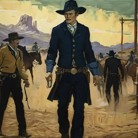 <lora:vncnt-000080:1>, vncnt style, cowboy, outlaw, wild west, showdown