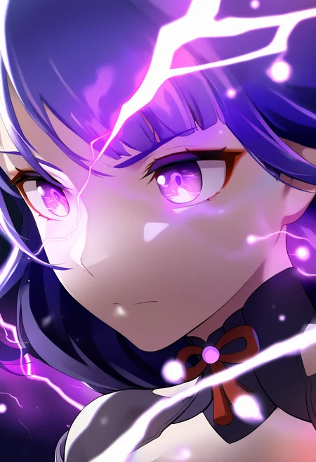 masterpiece,best quality,amazing quality, 1girl, raiden_shogun(genshin_impact) close-up,
portrait, eye focus, electro_purple_palette, high_saturation, 
lightning_aura_glow, inazuman_ornaments, floating_electro_particles, looking afar, 
<lora:people's_work:0.3> <lora:DetailedEyes_V3:0.9> <lora:MeMaXL4:0.8>