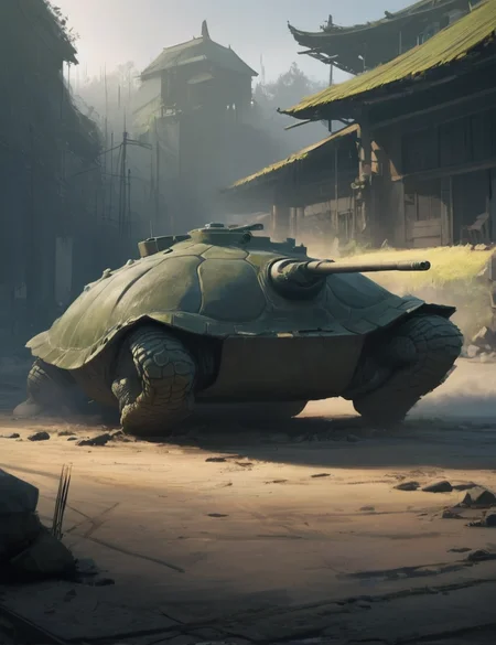 concept art, brush strokes,  an armored Galapagos turtle main battle tank, deep shadows, contrast ,  <lora:- SDXL - amredpll_armored_style_V1.0:.5>