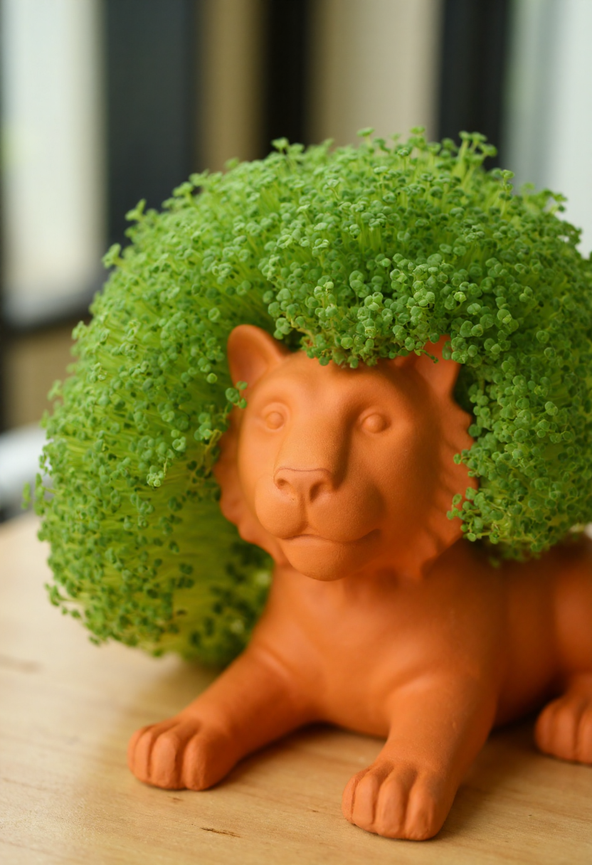 <lora:Chia_Pet_Planter_FLUX-000013:0.9>
Photograph of a terracotta color clay tiger, adorned with a lush, vibrant green plant. It is is sitting on a table.