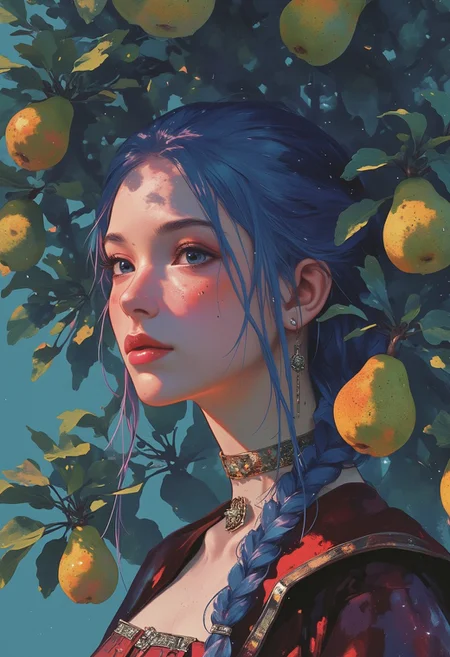 A close-up profile of a young woman with striking deep blue hair, partially shaded by the leaves of a nearby tree. Her hair is intricately braided, cascading over her shoulders with a few loose strands framing her delicate face. Her fair skin has a soft golden undertone, and her closed eyes give her a serene, contemplative expression. She wears a rich burgundy, medieval-inspired garment adorned with intricate silver embroidery along the collar and sleeves, adding a touch of historical elegance.  
The background is dense with deep teal leaves, interspersed with clusters of ripe, golden pears hanging from the branches. The foliage casts intricate shadows on her face and clothing, creating a dynamic interplay of light and dark. The warm golds of the pears and her skin contrast beautifully against the cool blues and teals of her hair and the surrounding leaves. The composition evokes a peaceful, almost ethereal atmosphere, emphasizing natural light, texture, and a harmonious balance of color.