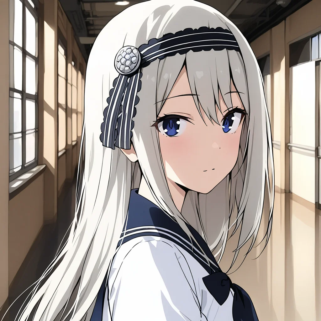 masterpiece, aesthetic, 1girl, kei, white dress, sailor collar, portrait, <lora:KeiShiroganeSDXLmG:0.7>, school background, hallway