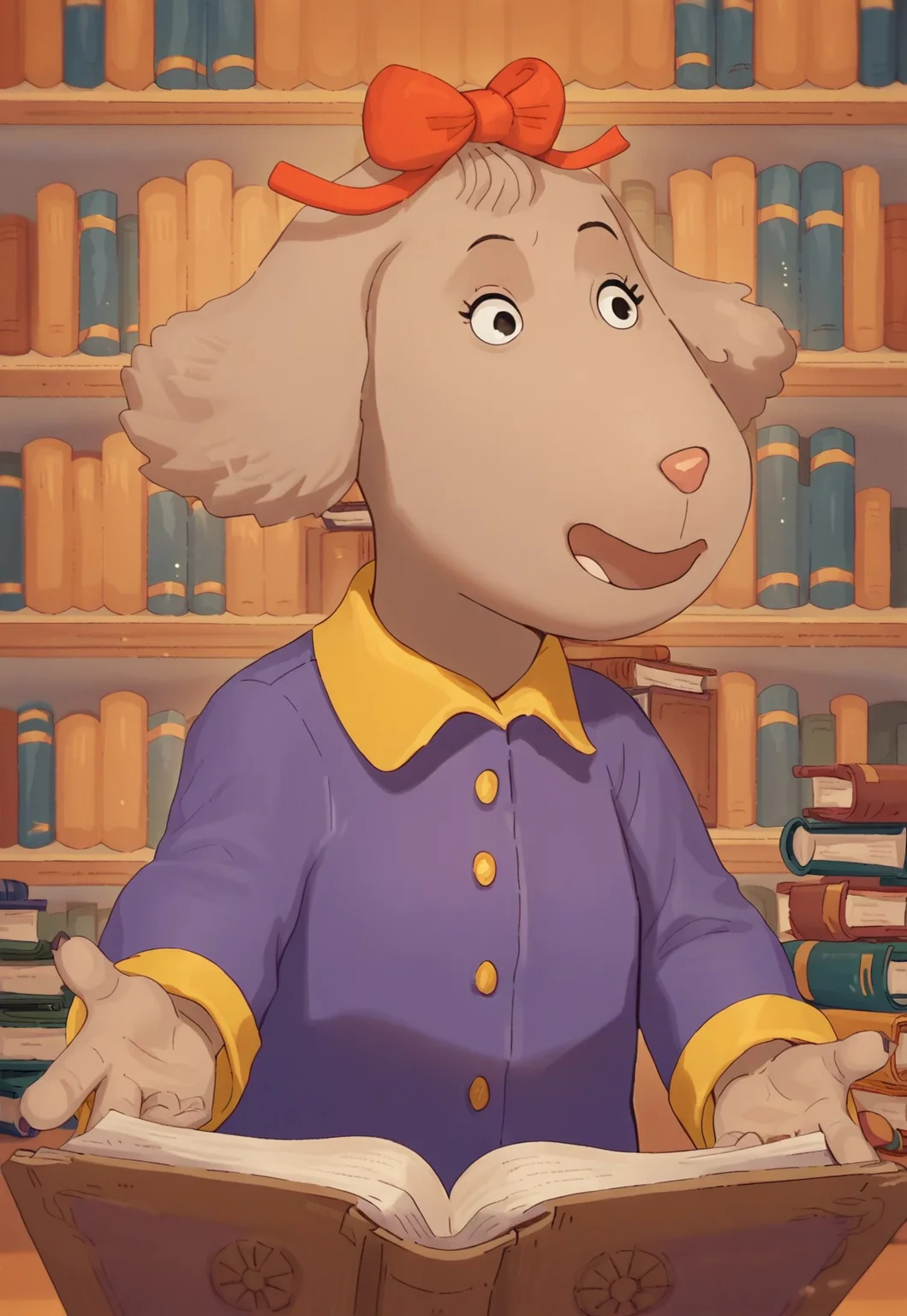 score_9, score_8_up, score_7_up, source_cartoon, Fern Walters, 1girl, solo, anthropomorphic dog, animal ears, tannish grey fur. red bow on her head,
long sleeved purple blouse with yellow buttons, yellow pants, brown loafers
library, books, reaching for book