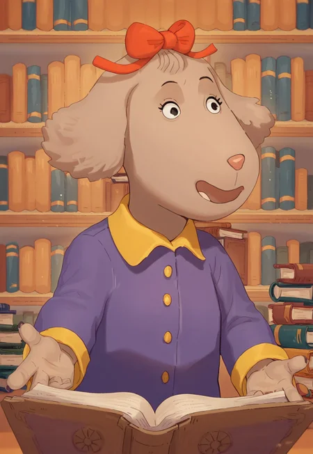 score_9, score_8_up, score_7_up, source_cartoon, Fern Walters, 1girl, solo, anthropomorphic dog, animal ears, tannish grey fur. red bow on her head,
long sleeved purple blouse with yellow buttons, yellow pants, brown loafers
library, books, reaching for book