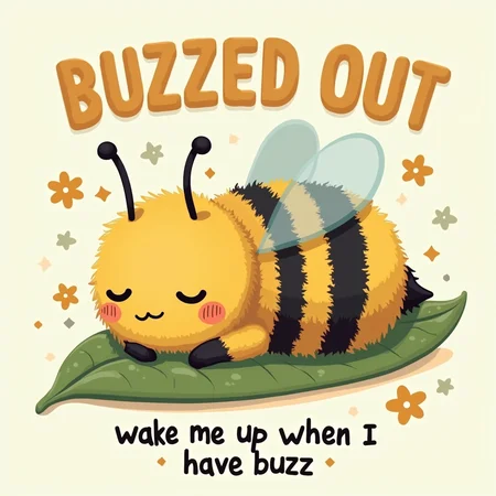 a cute fuzzy bee, sleeping on a leaf, text that says "BUZZED OUT" and more text underneath that that says "wake me up when I have buzz"