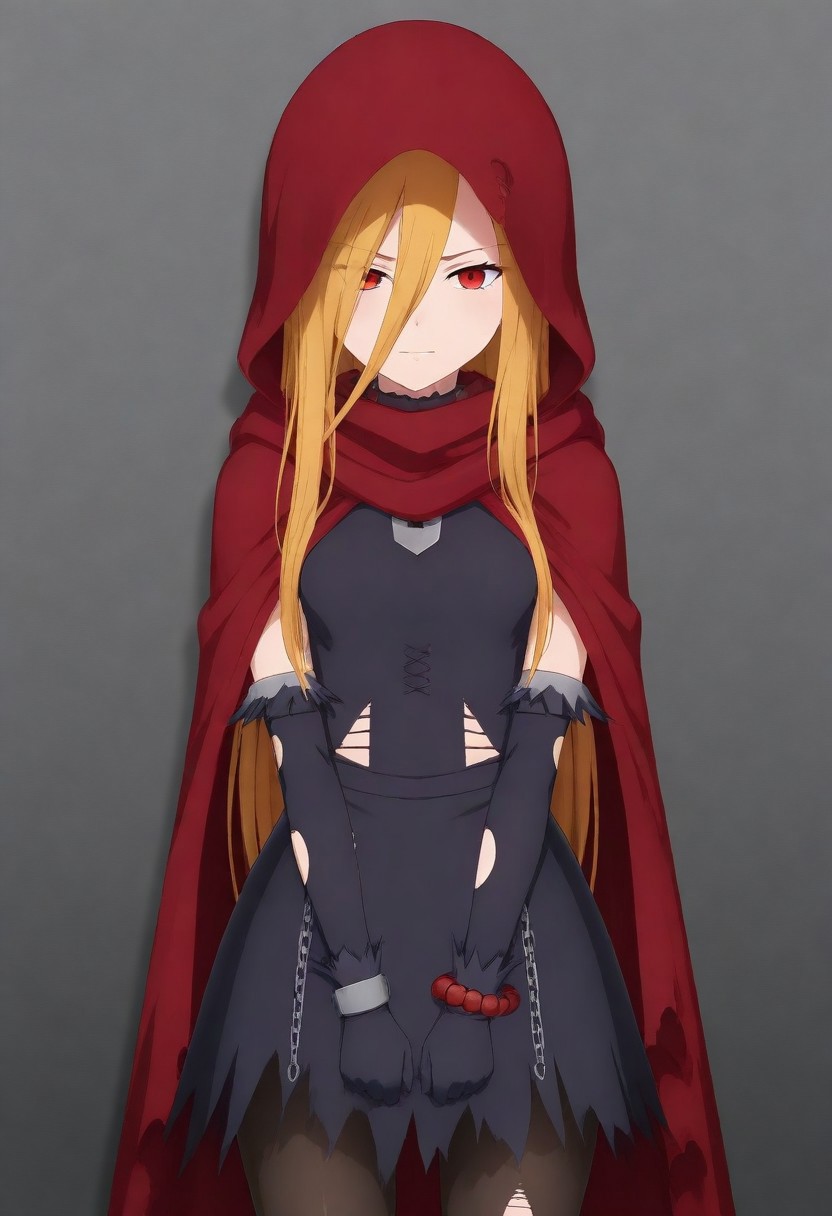 masterpiece, best quality, amazing quality,,, shiny skin,,,,,, <lora:Evileye:1> N4rb3r4lG4mm4, red eyes, blonde hair, very long hair, hair between eyes, torn clothes, hood, pantyhose, black dress, gloves, chain, hooded cloak, shackles,