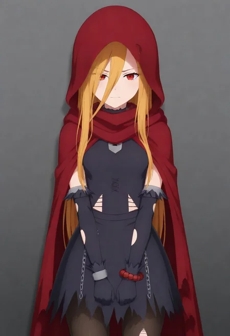 masterpiece, best quality, amazing quality,,, shiny skin,,,,,, <lora:Evileye:1> N4rb3r4lG4mm4, red eyes, blonde hair, very long hair, hair between eyes, torn clothes, hood, pantyhose, black dress, gloves, chain, hooded cloak, shackles,
