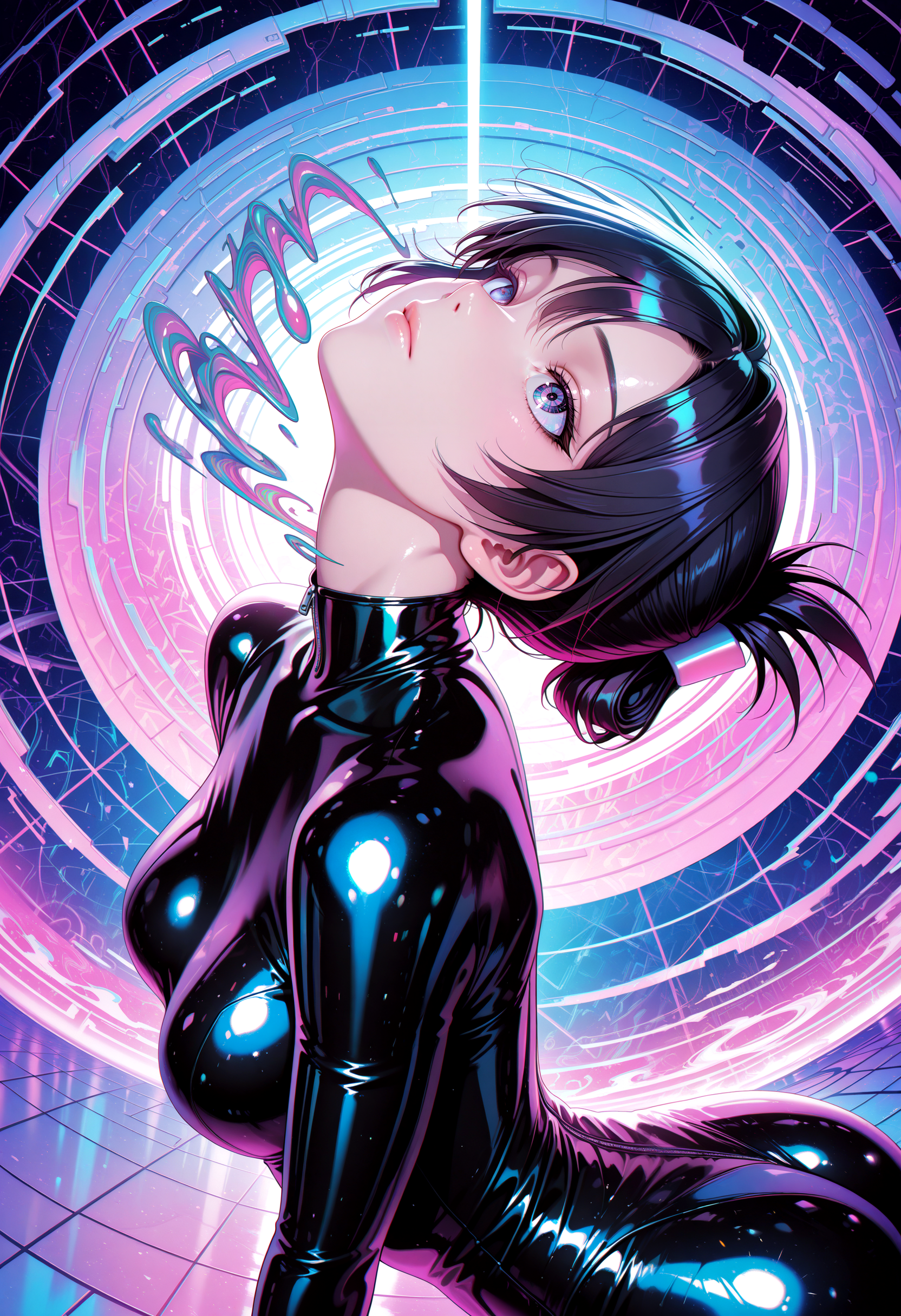 lazympos, 4k, very aesthetic, high resolution, ultra-detailed, absurdres, scenery, realistic, photo, 1girl, solo, folded ponytail, upturned eyes, generous, closed mouth, (shiny latex black bodysuit:1.2), contrapposto, arched back, dutch angle, head tilt, twisted torso, upper body, portrait, fisheye, dramatic shadows, cinematic lighting, hard focus, sharp focus, neon colors, backlit, rim light, (synthwave, mind bending:1.2), neon beam, (chaos neon background, abstract background:1.2), inter dimensional, dark, back light, BREAK, slow shutter speed, motion blur, depth of field, photorealistic details