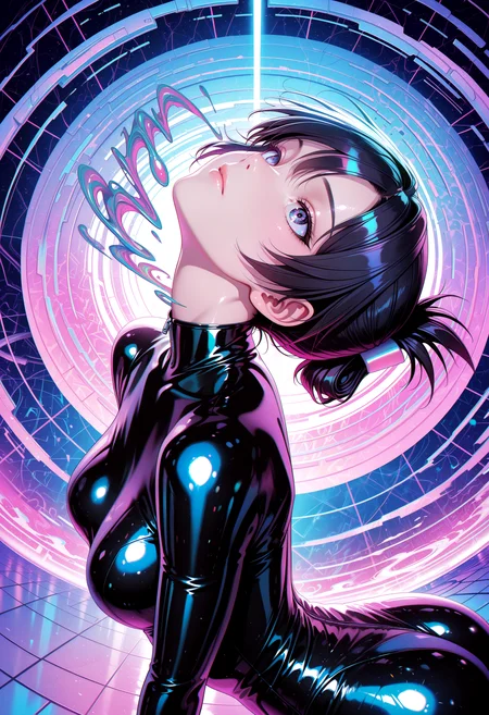 lazympos, 4k, very aesthetic, high resolution, ultra-detailed, absurdres, scenery, realistic, photo, 1girl, solo, folded ponytail, upturned eyes, generous, closed mouth, (shiny latex black bodysuit:1.2), contrapposto, arched back, dutch angle, head tilt, twisted torso, upper body, portrait, fisheye, dramatic shadows, cinematic lighting, hard focus, sharp focus, neon colors, backlit, rim light, (synthwave, mind bending:1.2), neon beam, (chaos neon background, abstract background:1.2), inter dimensional, dark, back light, BREAK, slow shutter speed, motion blur, depth of field, photorealistic details