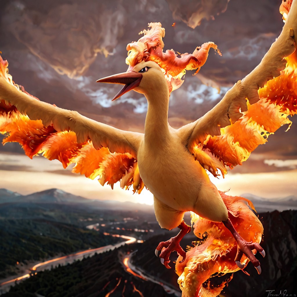 score_9, score_8_up, score_7_up, score_6_up, solo, moltres, pokemon (creature), feral, avian, bird, bipedal, orange body, orange feathers, body feathers, detailed feathers, realistic feathers, flaming feathers, fiery feathers, glowing body, glowing feathers, glowing flames, on fire, talons, flaming tail feathers, fiery tail, flaming crest feathers, sharp beak, white sclera, large wings, wing arms, arm wings, flaming wings, flying, in air, embers in background, volcano, lava, sunlight, dynamic angle, cinematic, photorealistic, real life