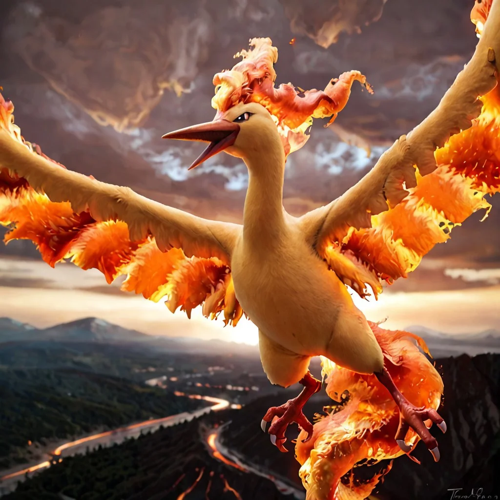 score_9, score_8_up, score_7_up, score_6_up, solo, moltres, pokemon (creature), feral, avian, bird, bipedal, orange body, orange feathers, body feathers, detailed feathers, realistic feathers, flaming feathers, fiery feathers, glowing body, glowing feathers, glowing flames, on fire, talons, flaming tail feathers, fiery tail, flaming crest feathers, sharp beak, white sclera, large wings, wing arms, arm wings, flaming wings, flying, in air, embers in background, volcano, lava, sunlight, dynamic angle, cinematic, photorealistic, real life