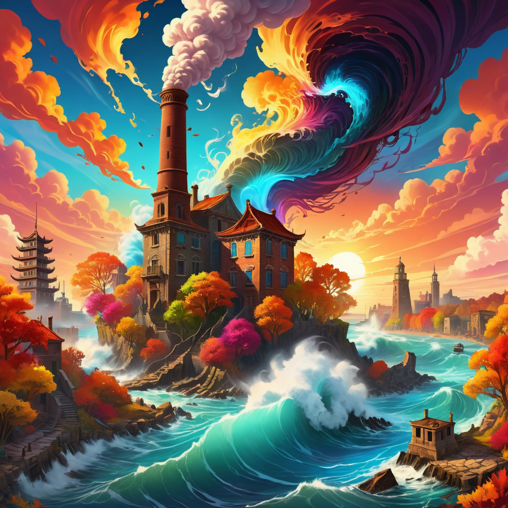 turbulent ocean with crashing waves, smoke gently rising from the chimney, vibrant and colorful,Surreal digital illustration with a mystical vibe, intricate details in the vortex, scattered ruins, a background of towering, dramatic shadows and vivid colors, showing a tranquil canal flanked by colorful autumn trees and elegant pagodas, intense sunset