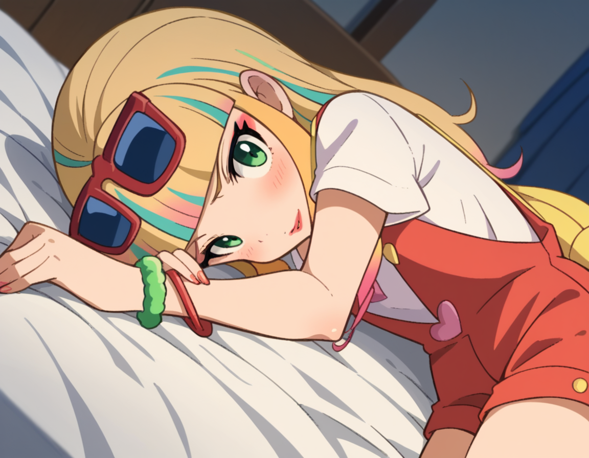 score_9, score_8_up, score_7_up, source_anime,
pokemonrisa, <lora:pokemon-risa-movie-ponyxl-lora-nochekaiser:1>,
risa, long hair, bangs, blonde hair, green eyes, multicolored hair, blunt bangs, makeup, lipstick,
shirt, jewelry, short sleeves, heart, bracelet, sunglasses, eyewear on head, overalls, overall shorts,
indoors, bed, bed room, on side, blush, drunk,
looking at viewer, cowboy shot, solo, dutch angle,