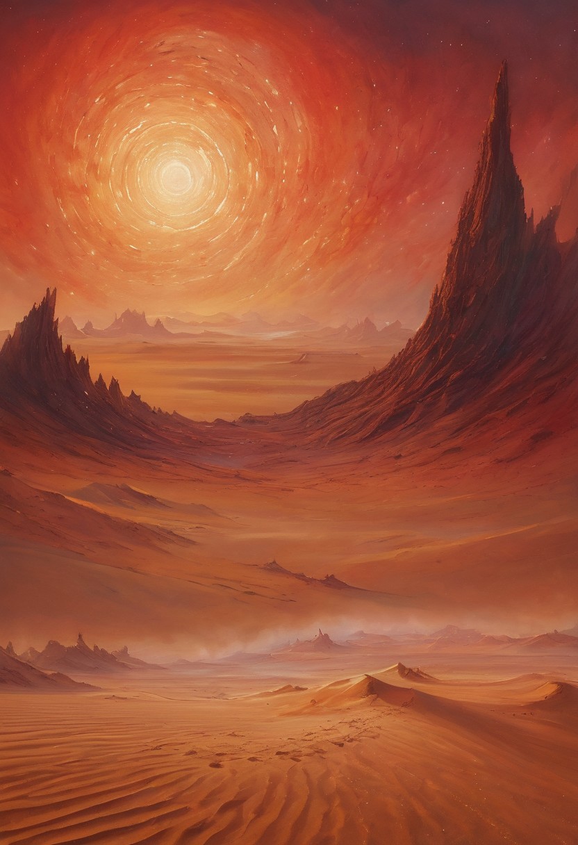 masterpiece, detailed landscape, An oil painting of an alien planet, A planet that is half desert and other half ocean, ocean, beach, vertical (place where sand meets the water in a very straight line), planet with crazy strong winds. red beam across the screen, Glowing different colors, strong sandy wind, sand is flying, strong water waves, wavy sand patterns, casting an otherworldly glow on the dunes landscape. dreamy landscape with scary shapes, burning hot landscape stretch towards the horizon, many stars are smeared across the sky,(multicolored spiral), hypnotizing, pulsing star patterns, almost symmetrical, glittering dust that shimmers like stardust. In the distance,  in a distance sandy hills,