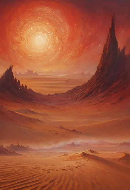 masterpiece, detailed landscape, An oil painting of an alien planet, A planet that is half desert and other half ocean, ocean, beach, vertical (place where sand meets the water in a very straight line), planet with crazy strong winds. red beam across the screen, Glowing different colors, strong sandy wind, sand is flying, strong water waves, wavy sand patterns, casting an otherworldly glow on the dunes landscape. dreamy landscape with scary shapes, burning hot landscape stretch towards the horizon, many stars are smeared across the sky,(multicolored spiral), hypnotizing, pulsing star patterns, almost symmetrical, glittering dust that shimmers like stardust. In the distance,  in a distance sandy hills,