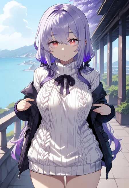 score_9, score_8_up, score_7_up, 1girl, solo, DeadflowP, (split eyes), scenery, (big breasts:0.8). (wide thighs:1.1), (wide hips:1.1), (mature woman:1.1), (high gradient eyes:1.2), araffes with purple hair is getting her hair done, hair coloring, purple highlights, purple streaks in hair, violet hair, ultra violet highlights, flowing purple hair, purple hair, long violet hair, lavender hair, purple long hair, violet long hair, two color hair, lilac hair, light iridescent hair color, violet color, dye hair, long purple hair, standing, front view, (virgin killer sweater:1.3), (white sweater:1.2)