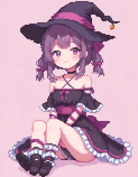 (Pixel art:1.2), 1girl, <lora:Fallenshadow_SDXL:0.8>. Fallenshadow. criss-cross halter. solo. petite. black dress. witch hat. leg ribbon. halterneck. waist bow. sleeves past wrists. blush. frills. pink background. sleeves past fingers. plaid background. bare shoulders. sitting. looking at viewer. frilled dress. alternate costume. short dress. short twintails. arm ribbon. food-themed clothes. twintails. heart. witch. off shoulder. large hat. hand between legs. between legs, black background, seductive smile