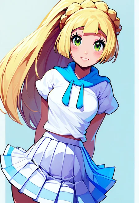 score_9, score_8_up, score_8, medium breasts, (curvy), cute, eyelashes
zzlillie, long hair, ponytail, French braid, white shirt, short sleeves, white skirt, pleated skirt,
smile, blush,
looking at viewer, head tilt,
Expressiveh, zPDXL2