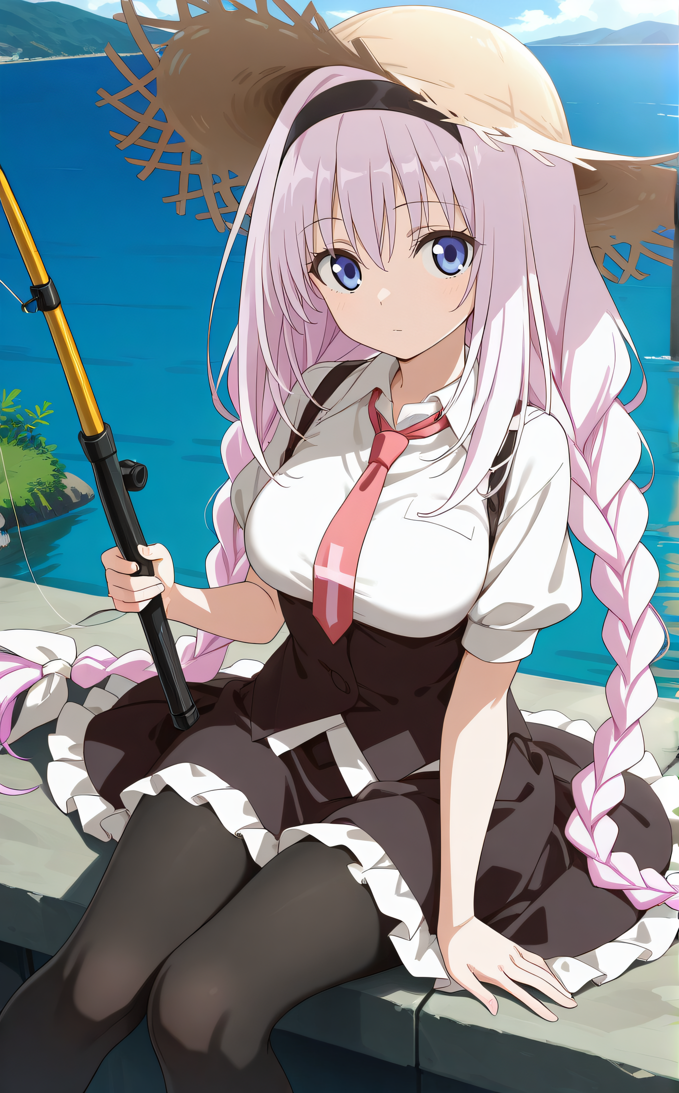 masterpiece, best quality, highres, scenery, newest, 1girl, solo, official style, <lora:Hikawa_Rina:1>, rina, twin braids, hairband, school uniform, white shirt, short sleeves, necktie, black frilled dress, black pantyhose, looking at viewer, outdoor, cowboy shot, five fingers, straw hat, holding, fishing rod, expressionless, knees, sitting